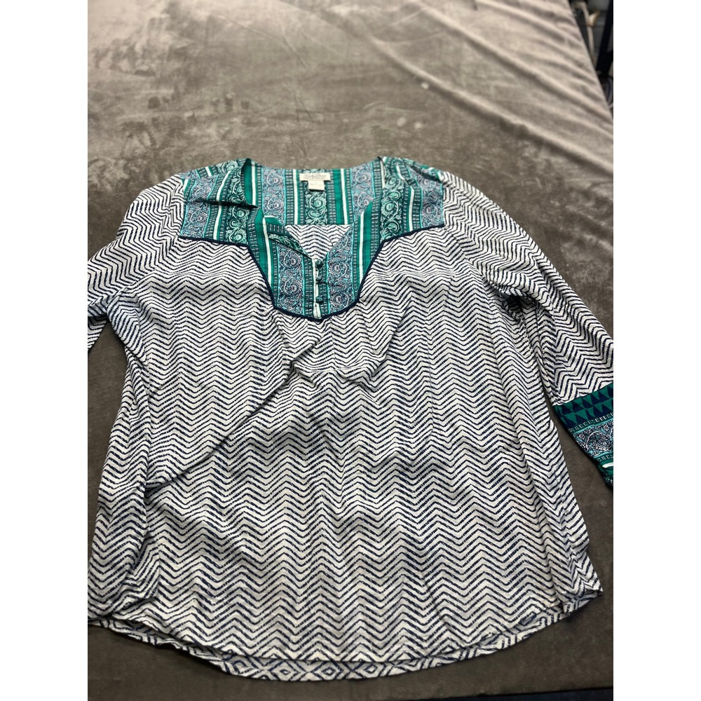 Lucky Brand Womens XL Teal Green Navy Chevron Paisley Boho Split Neck Blouse
